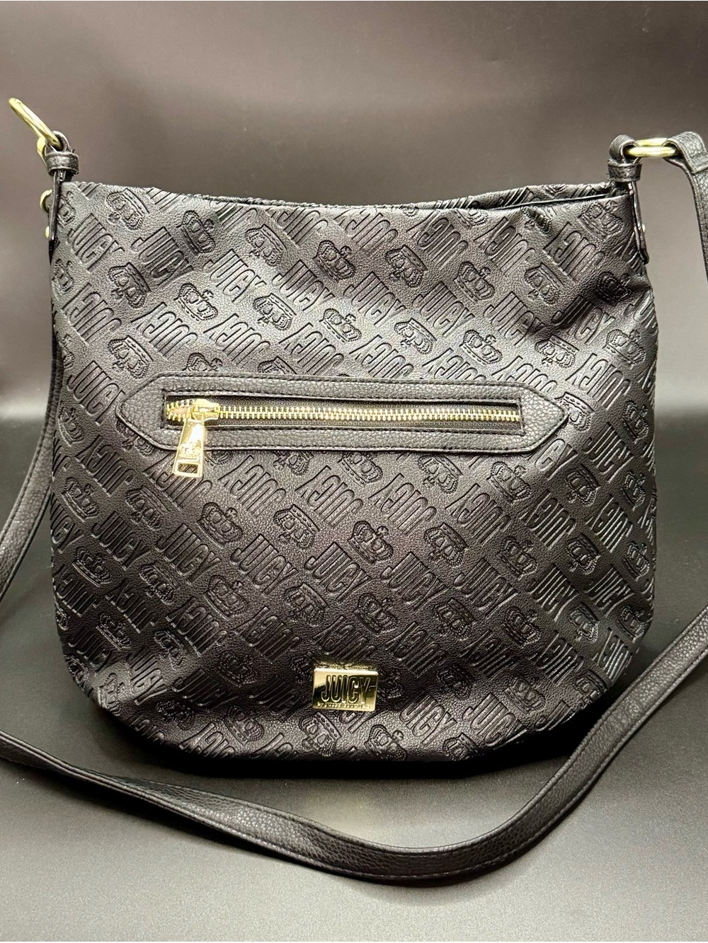Juicy Couture Black Embossed Logo Crossbody Bucket Bag